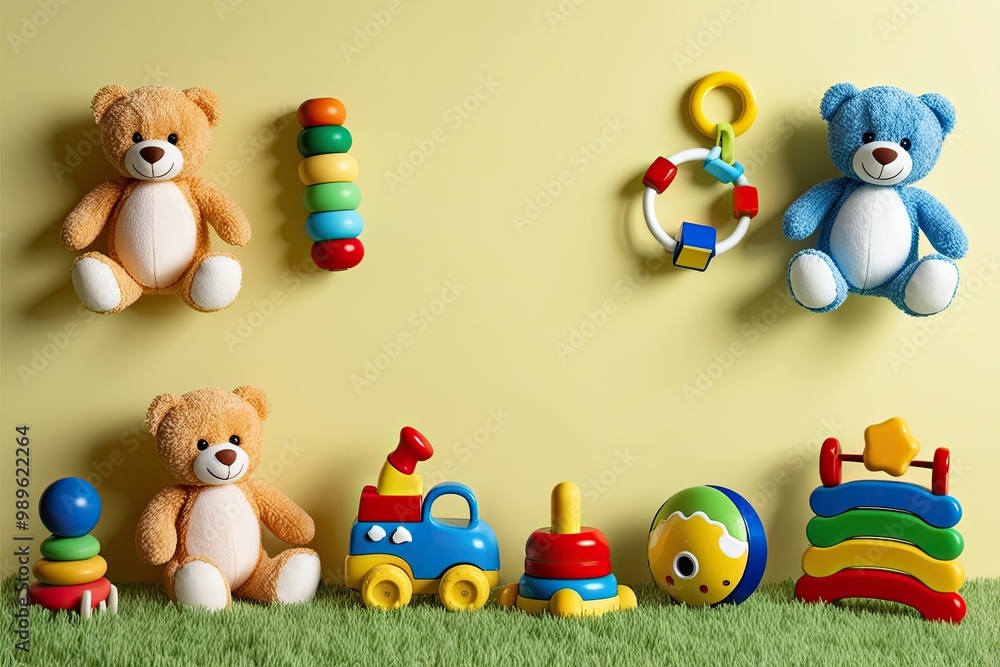 Fototapeta premium Vibrant Infant Toy Scene with Soft Teddy Bears and Learning Toys on Light Yellow Background