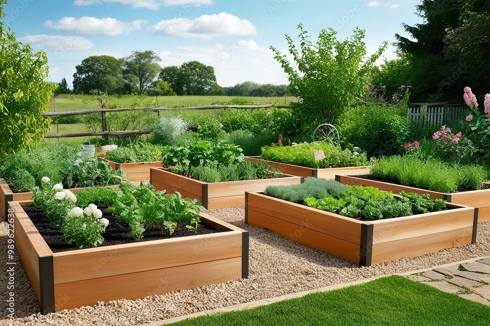Stylish Raised Garden Beds for Herbs Spices Greens and Flowers in a Beautiful Countryside Landscape Stylish Raised Garden Beds for Herbs Spices Greens and Flowers in a Beautiful Countryside Landscape