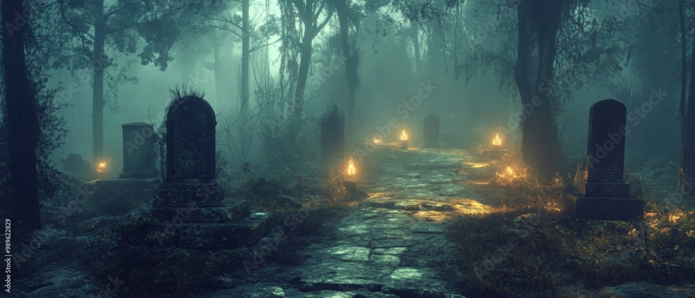 A Foggy Forest Path Lined with Tombstones and Burning Torches A Foggy Forest Path Lined with Tombstones and Burning Torches