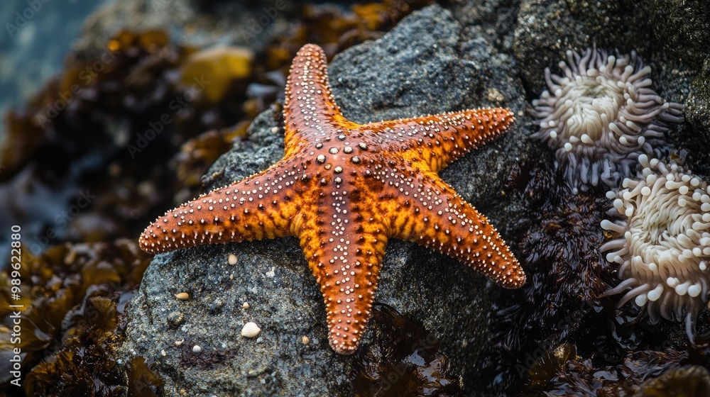 A close-up of a starfish resting on a rock, with barnacles and sea anemones nearby, illustrating the intricate relationships in a coastal ecosystem. A close-up of a starfish resting on a rock, with barnacles and sea anemones nearby, illustrating the intricate relationships in a coastal ecosystem.