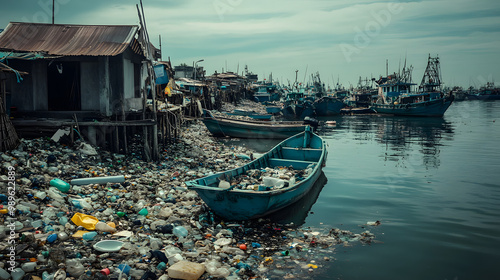 A fishing villages harbor choked with plastic and debris boats struggling to navigate. photo