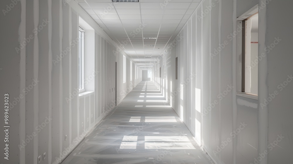 Long empty corridor in a new building under construction, featuring white walls and ceiling with beams and tiles Long empty corridor in a new building under construction, featuring white walls and ceiling with beams and tiles