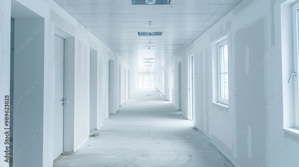 Long empty corridor in a new building under construction, featuring white walls and ceiling with beams and tiles