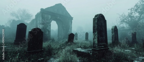 Eerie Graveyard with Ruined Archway in Dense Fog