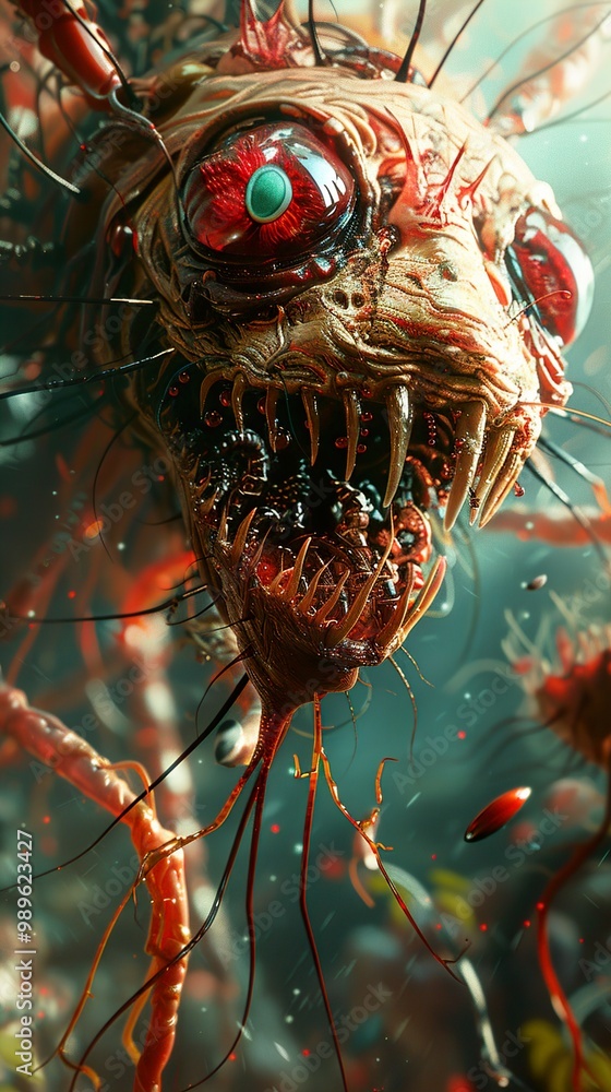 Close-up of a Creepy Fantasy Creature with Sharp Teeth and a Glowing Eye Close-up of a Creepy Fantasy Creature with Sharp Teeth and a Glowing Eye