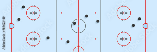 Ice hockey rink top view vector illustration. Winter sports wallpaper design. hockey pucks and field on a blue background with markup for competition designs. Sporting activities backdrop.