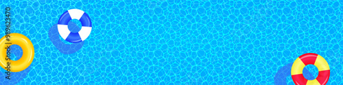 Swim rings, colorful floats vector illustration. Swimming pool top view banner. Summer background with water texture. travel and vacation funny wallpaper for aqua centers designs and cards.