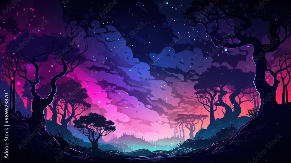 Silhouette of trees against a colorful, starry sky Silhouette of trees against a colorful, starry sky