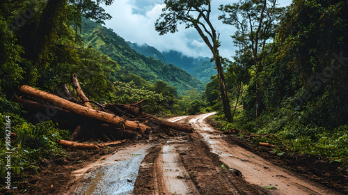 Fototapeta Naklejka Na Ścianę i Meble -  A forest road blocked by landslides and fallen trees after a heavy monsoon.