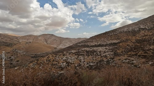 A view of the dry mountains in the autumn season at Nahal Prat Nature Reserve in the Judean Desert, Israel. 