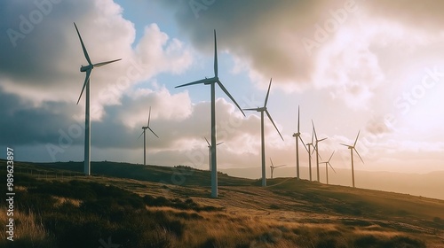 Wind Turbines On Hilltop At Sunset