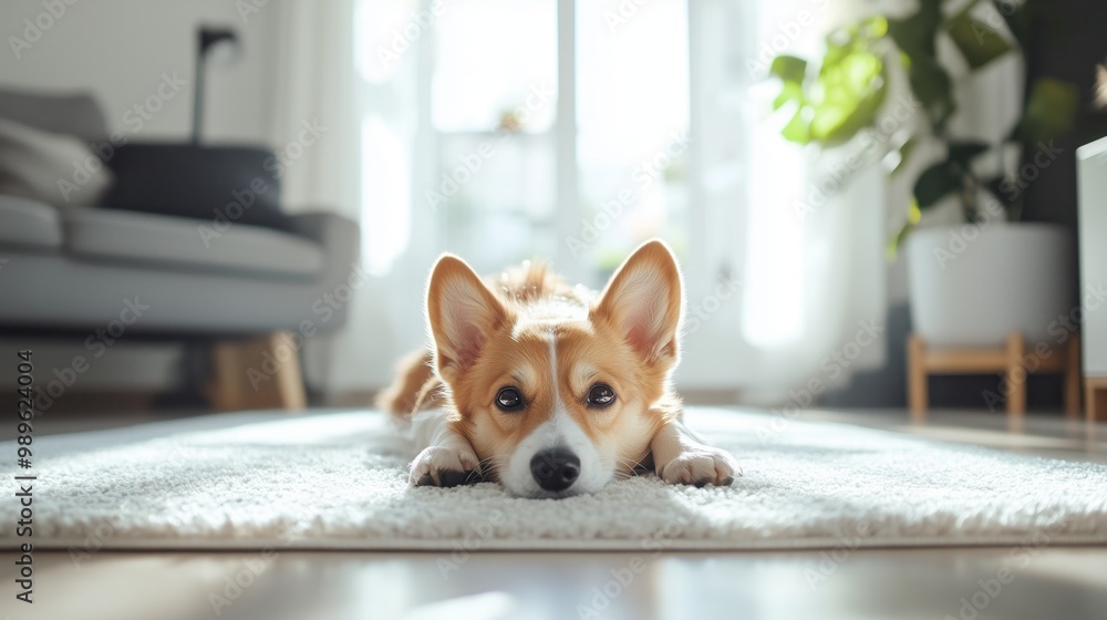 A small dog is laying on a white carpet in a living room. A small dog is laying on a white carpet in a living room.