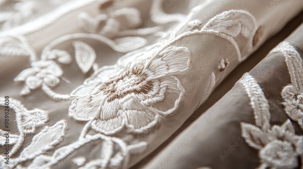 A close-up of intricate embroidery on a set of luxurious curtains, highlighting craftsmanship and elegance that elevate any living space