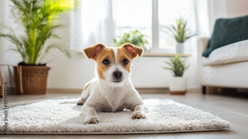 A small dog is laying on a white carpet in a living room.