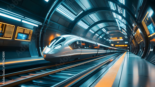 A futuristic train station with sleek aerodynamic high-speed trains arriving and departing silently surrounded by digital signboards.