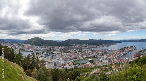 Panoramic View of the City and Mountains surrounding Bergen Norway from Atop Mount Fløyen at the Fløibanen Funicular Station photo