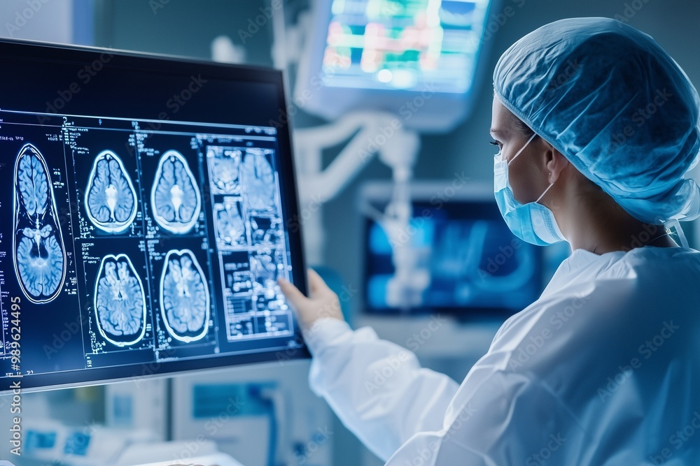 Doctor Reviewing Advanced Brain Scans on Digital Screen in High-Tech ...
