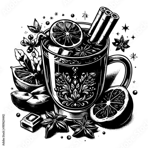 Intricate Mug mulled wine with Beverage and Herbs in Black and White Style. Vector, generative ai.