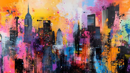 Fototapeta Naklejka Na Ścianę i Meble -  Abstract cityscape painting with vibrant paint splatters blending urban elements and artistic expression mixed media artwork. Mixed Media. Illustration