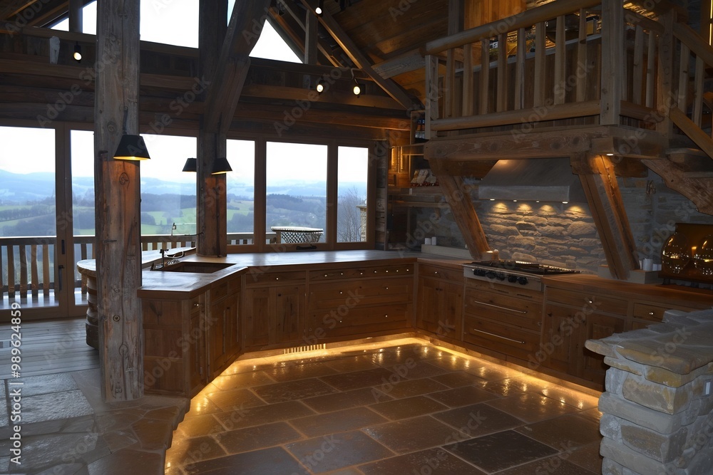 Cozy kitchen rustic wooden cabinets a large farmhouse sink and warm lighting perfect for family gatherings