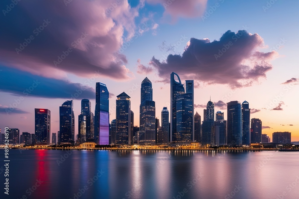Fototapeta premium Vibrant Twilight Cityscape Modern Skyline Abstract Clouds Evening Aesthetic