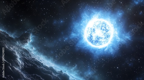 White dwarf star in a binary star system with a blue giant showing the Chandrasekhar limit and stellar nucleosynthesis cosmic voids around photo