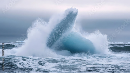 A giant iceberg collapsing into the ocean creating huge waves and splashes.