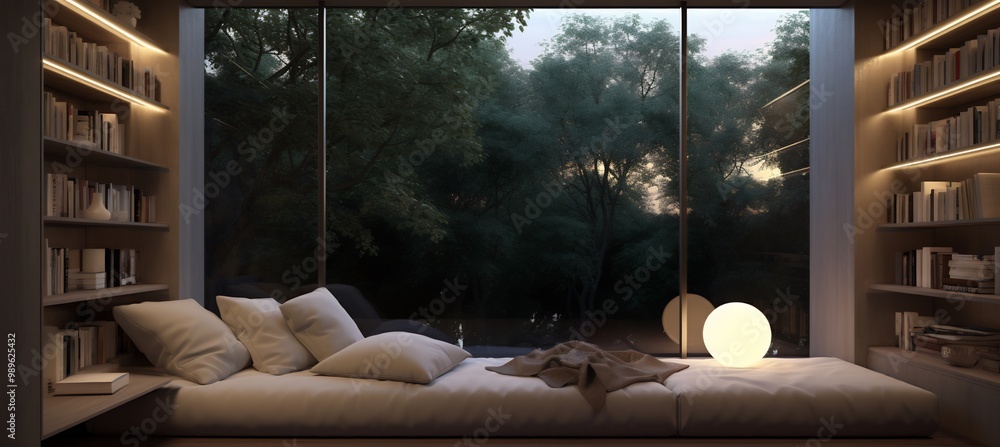 Cozy reading nook the corner of a room with soft cushions bookshelves and a view of the garden through a large window Cozy reading nook the corner of a room with soft cushions bookshelves and a view of the garden through a large window