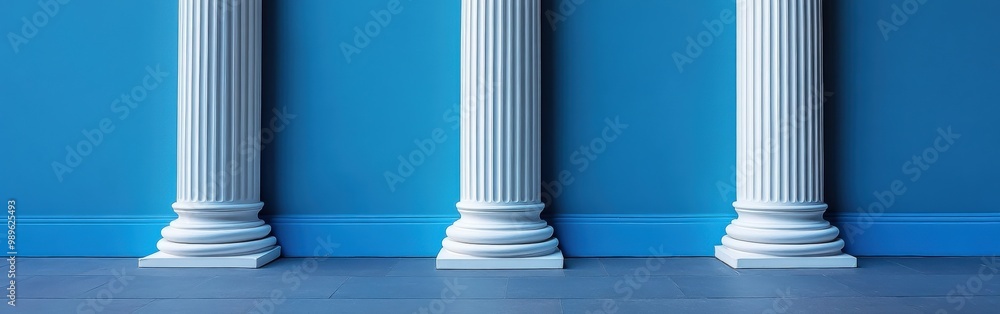 Blue columns in classic architecture with gray walls and shadows Blue columns in classic architecture with gray walls and shadows