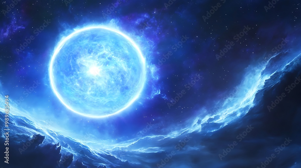 Fototapeta premium White dwarf star in a binary star system with a blue giant showing the Chandrasekhar limit and stellar nucleosynthesis cosmic voids around