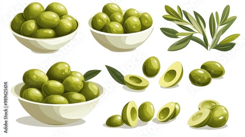 Fresh Green Olives Vector Collection - Minimalistic Illustrations for Graphic Design Mockups