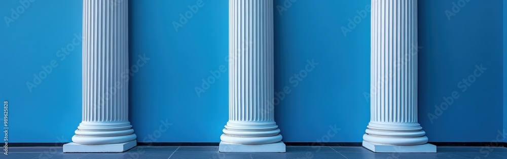 Blue columns in classic architecture with gray walls and shadows Blue columns in classic architecture with gray walls and shadows