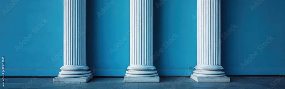 Blue columns in classic architecture with gray walls and shadows Blue columns in classic architecture with gray walls and shadows