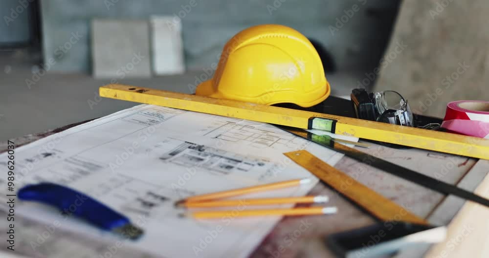 Architecture, equipment and blueprint with ruler or hard hat for floor plan, renovation sketch and building design. Paperwork, drawing and scale for construction site, development and project process Architecture, equipment and blueprint with ruler or hard hat for floor plan, renovation sketch and building design. Paperwork, drawing and scale for construction site, development and project process