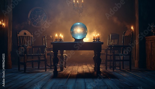 Old-style seance room with a heavy wooden table, crystal ball, and flickering candlelight.