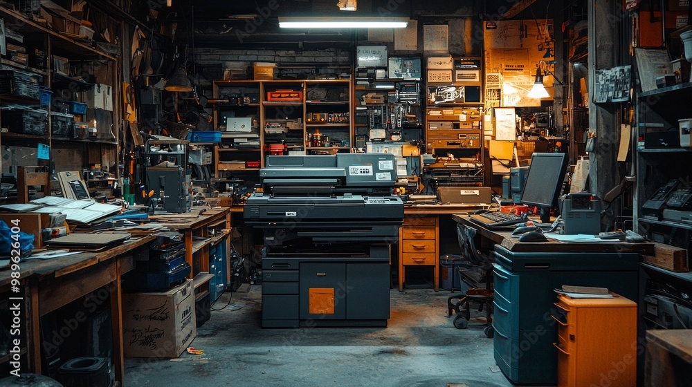 Hardware repairman repairing broken printer fax machine Hardware repairman repairing broken printer fax machine