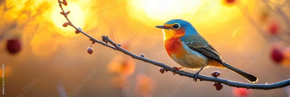 Vibrant bird on branch, colorful plumage highlighted, serene blurred background, nature's beauty captured in stillness Vibrant bird on branch, colorful plumage highlighted, serene blurred background, nature's beauty captured in stillness