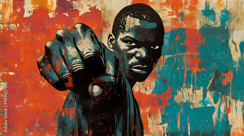 An illustration of an african man with a fighting spirit, raising his fist as a rebel, urban graphic artwork, street art, mixed media. Mixed Media. Illustration