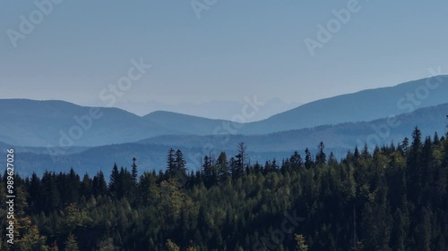 Beskid Maly aerial panorama of potrojna hill and czarny gron.Little Beskids mountain range.Aerial drone view of Rzyki Village in Beskid Maly Poland.Czarny gron ski resort in Rzyki, Andrychow, Poland. photo