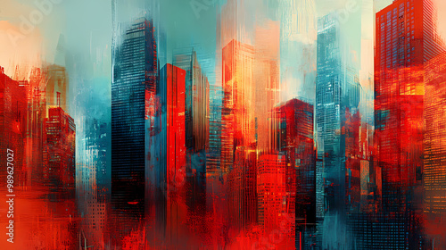 An abstract urban blend of digital art creates a mixed media skyline, where skyscrapers are fused with vivid red and blue hues., abstract colorful background. Mixed Media. Illustration