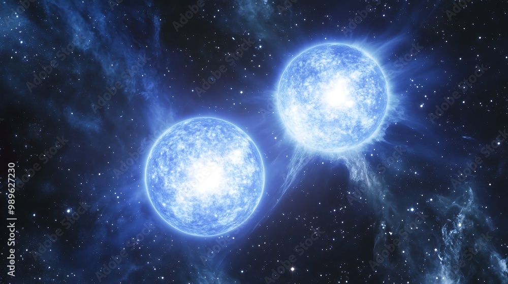 Obraz premium White dwarf star in a binary star system with a blue giant showing the Chandrasekhar limit and stellar nucleosynthesis cosmic voids around