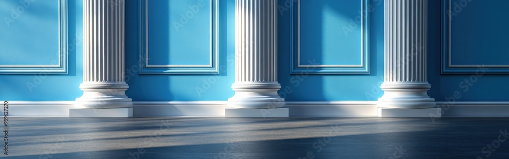 Blue columns in classic architecture with gray walls and shadows Blue columns in classic architecture with gray walls and shadows