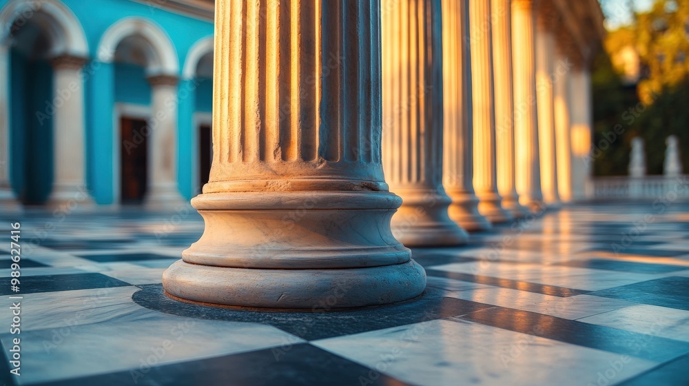 Blue columns in classic architecture with gray walls and shadows Blue columns in classic architecture with gray walls and shadows