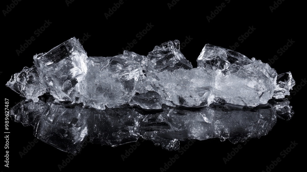 Crushed ice is seen in this clear, sharp image, strikingly isolated against a black background. Crushed ice is seen in this clear, sharp image, strikingly isolated against a black background.