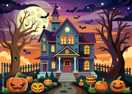 Halloween House, Spooky Haunted Mansion with Eerie Atmosphere Vector Illustration