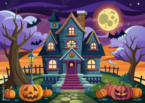 Halloween House, Spooky Haunted Mansion with Eerie Atmosphere Vector Illustration