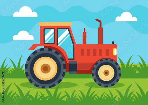 Tractor on Grass, Agricultural Vehicle in Rural Landscape Vector Illustration