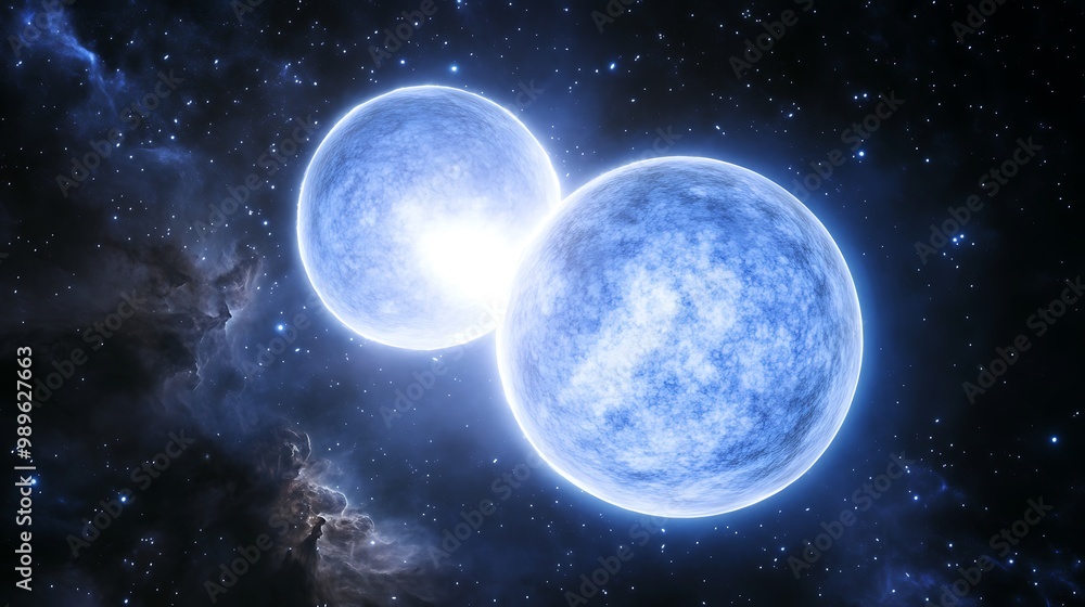 Fototapeta premium White dwarf star in a binary star system with a blue giant showing the Chandrasekhar limit and stellar nucleosynthesis cosmic voids around