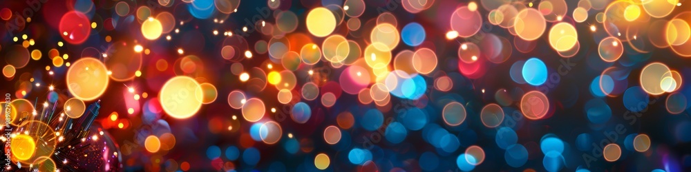 A vibrant display of bokeh lights fills the background, creating a lively and joyful atmosphere perfect for parties and celebrations during nighttime A vibrant display of bokeh lights fills the background, creating a lively and joyful atmosphere perfect for parties and celebrations during nighttime