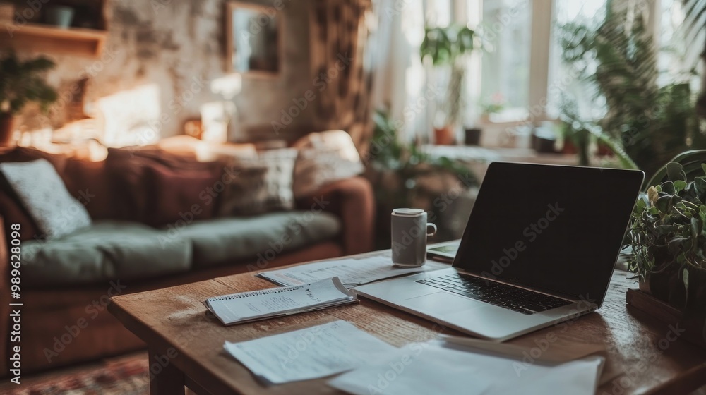 A close-up view shows a laptop and various documents spread out on a table in a cozy living room. Signifying work from home and startup projects A close-up view shows a laptop and various documents spread out on a table in a cozy living room. Signifying work from home and startup projects